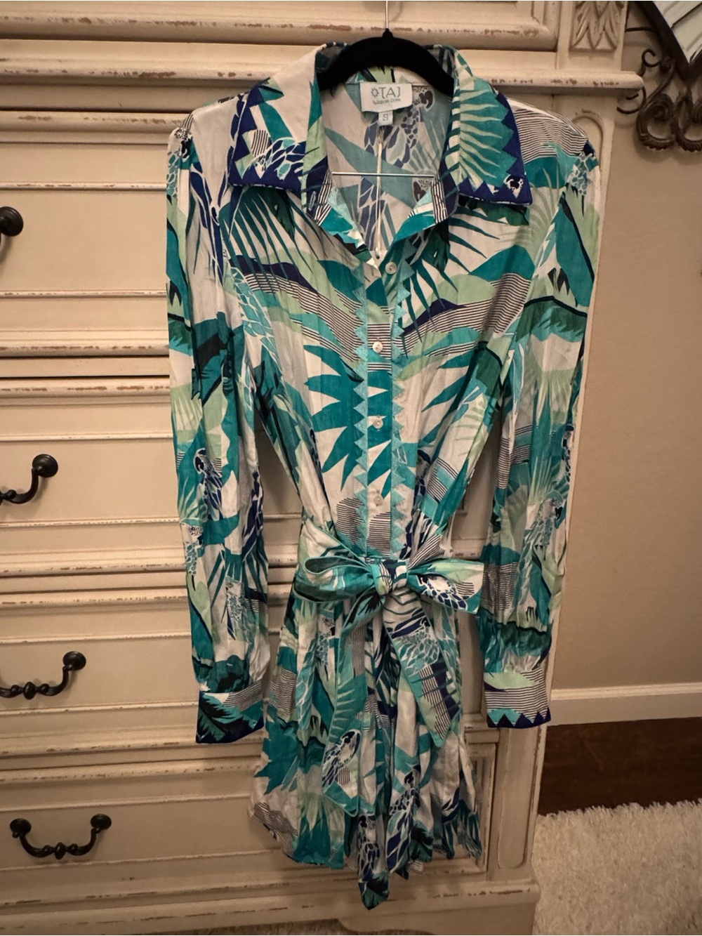 TAJ by Sabrina Crippa Women’s Teal & Navy Tropical Bird Print Button-Up Dress